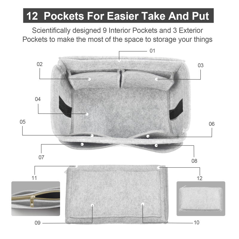 OMYSTYLE Lightgrey Large Organizer Insert, Felt Tote Bag Organizer Insert with 5 Sizes, Handbag Dividers for Inside Purse, Compatible with Longchamp, Neverful, Speedy and More - Image 3